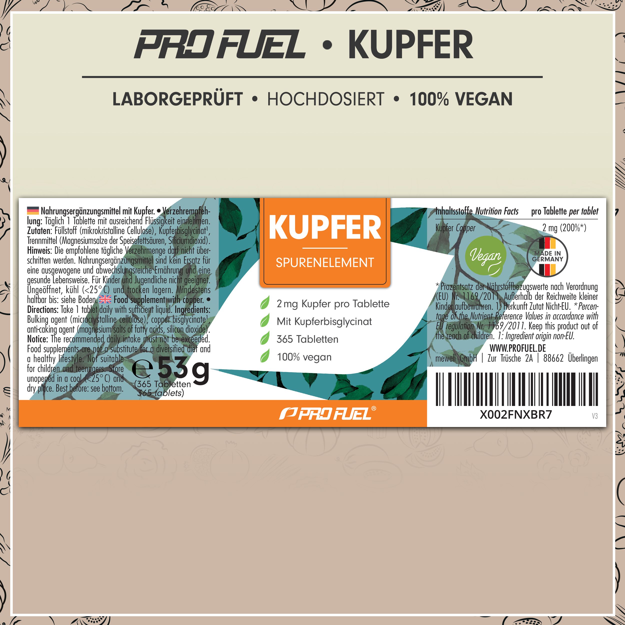 Produktetikett mit „Kupfer“ und „Spurenelement“. Enthält Informationen zu Inhaltsstoffen, Dosierung, Herkunft und Zertifizierungen.