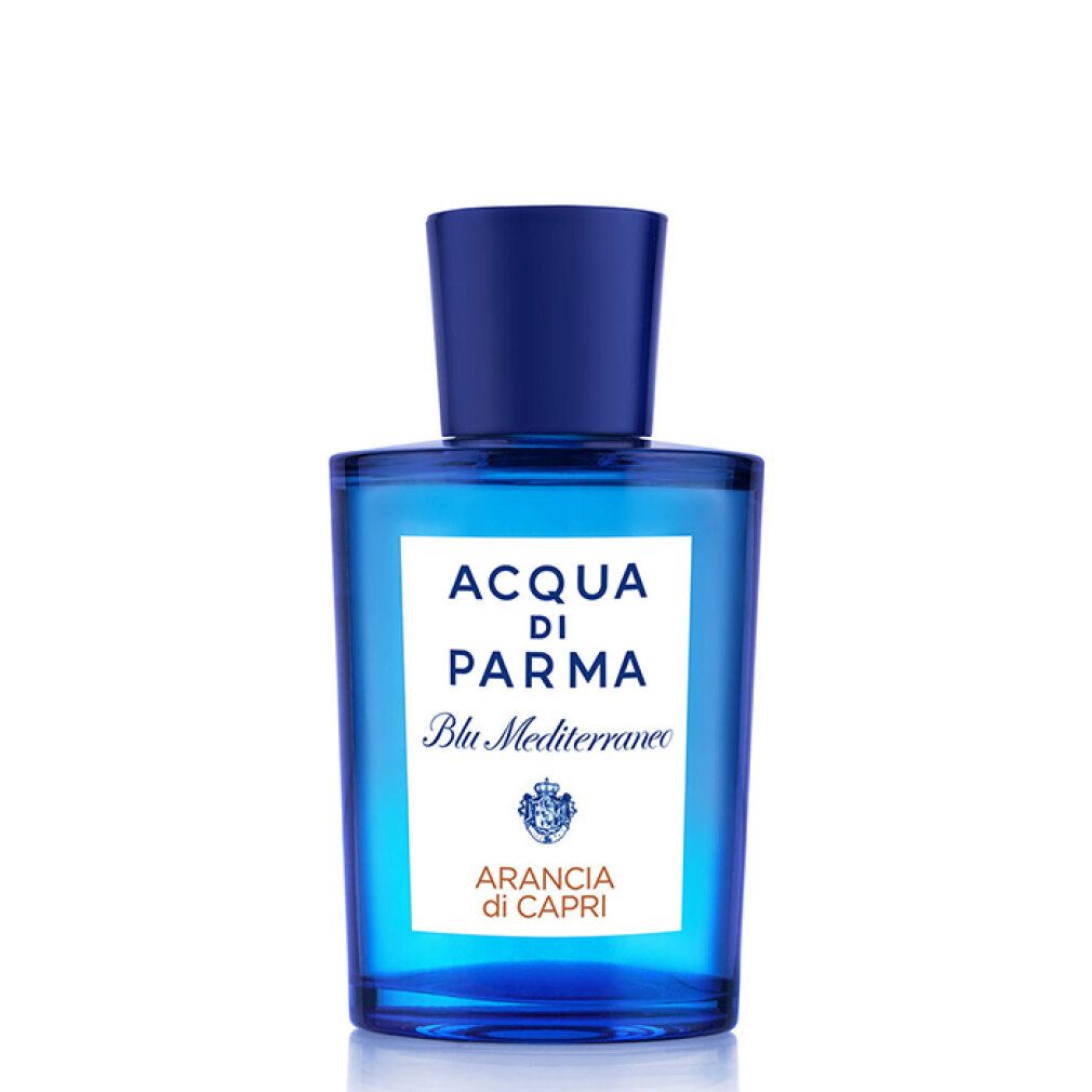 Blaues Parfümflakon. Aufschrift: Acqua di Parma Blu Mediterraneo Arancia di Capri Eau de Toilette.