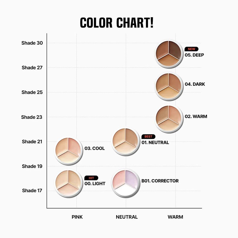 Farbkarte mit Concealer-Farbtönen. 00. Light, 03. Cool, 01. Neutral, 02. Warm, 04. Dark, 05. Deep, B01. Corrector. Pink, Neutral, Warm.