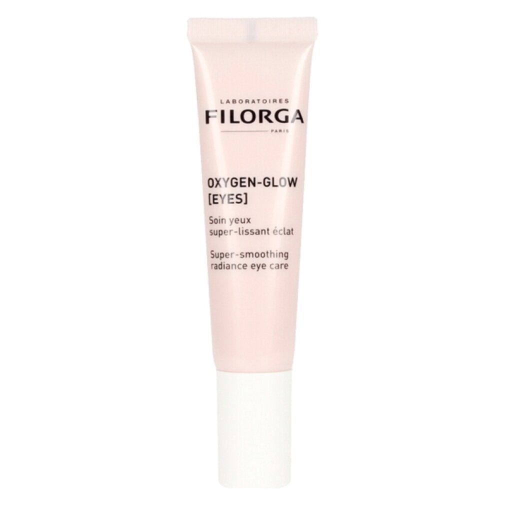Rosa Tube mit weißem Verschluss. Aufschrift: FILORGA, Oxygen-Glow [EYES], Super-smoothing radiance eye care.