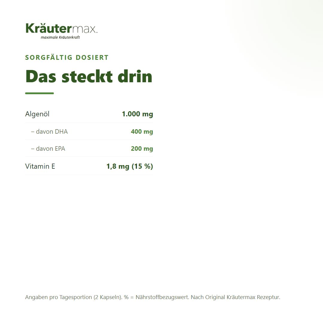 Nährwertangaben: Algenöl 1.000 mg (davon DHA 400 mg, EPA 200 mg), Vitamin E 1,8 mg (15 %)