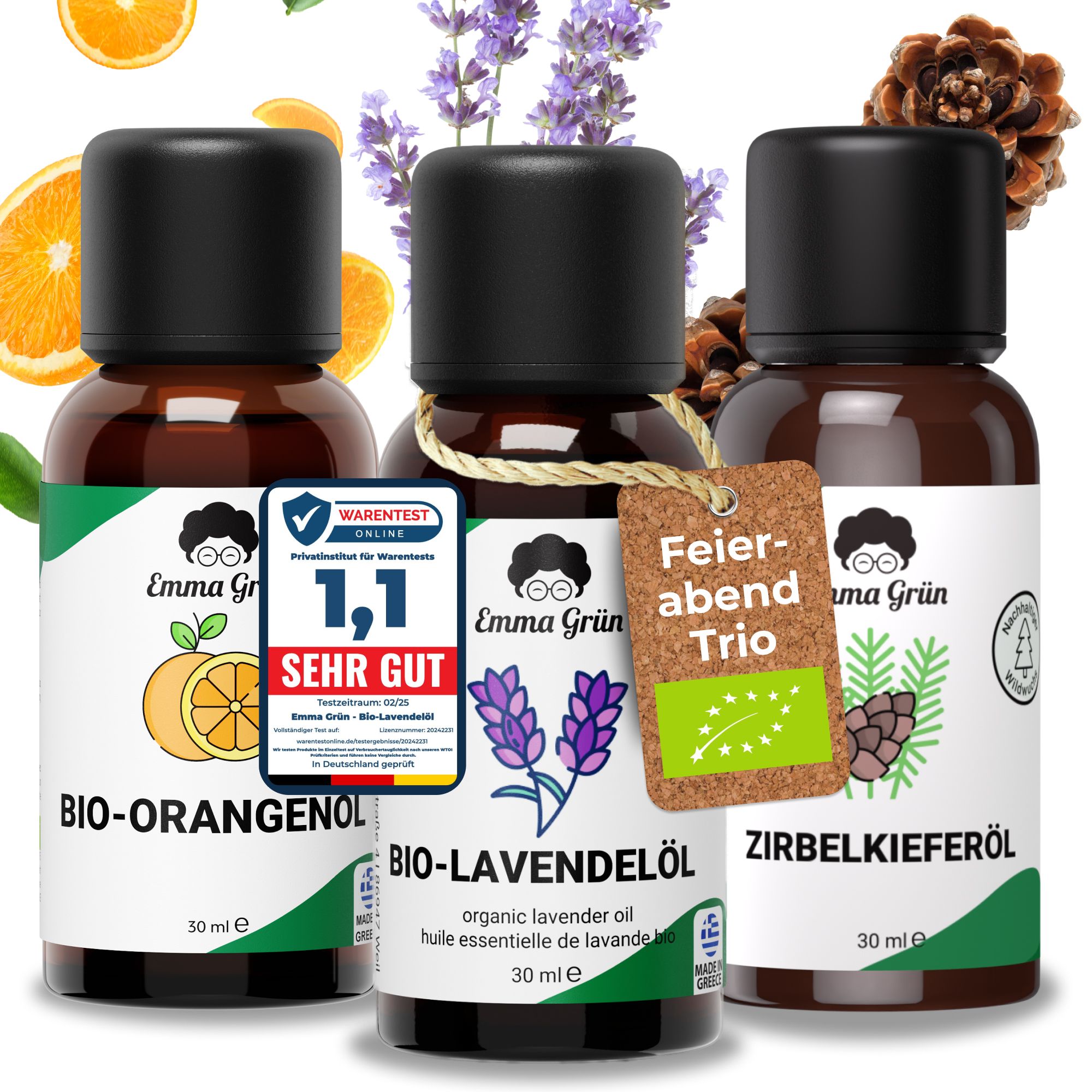 Drei braune Flaschen mit schwarzen Deckeln. Etiketten mit Produktnamen und Logo. Bio-Zertifizierung und Testergebnis.