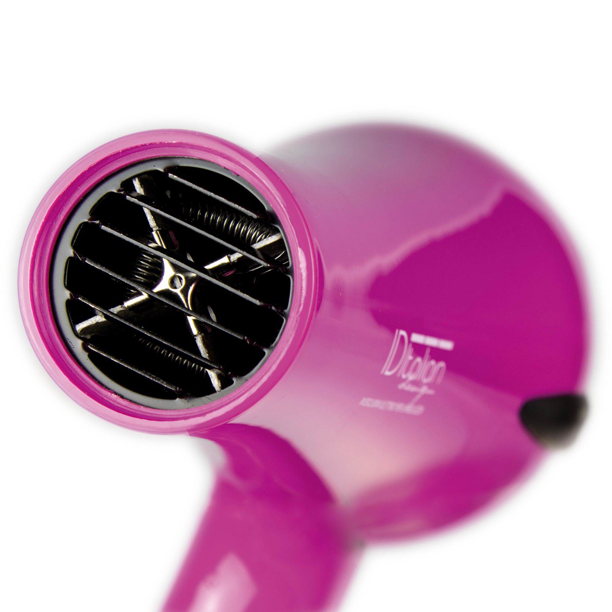 Düse eines pinken Haartrockners mit Lüftungsgitter.