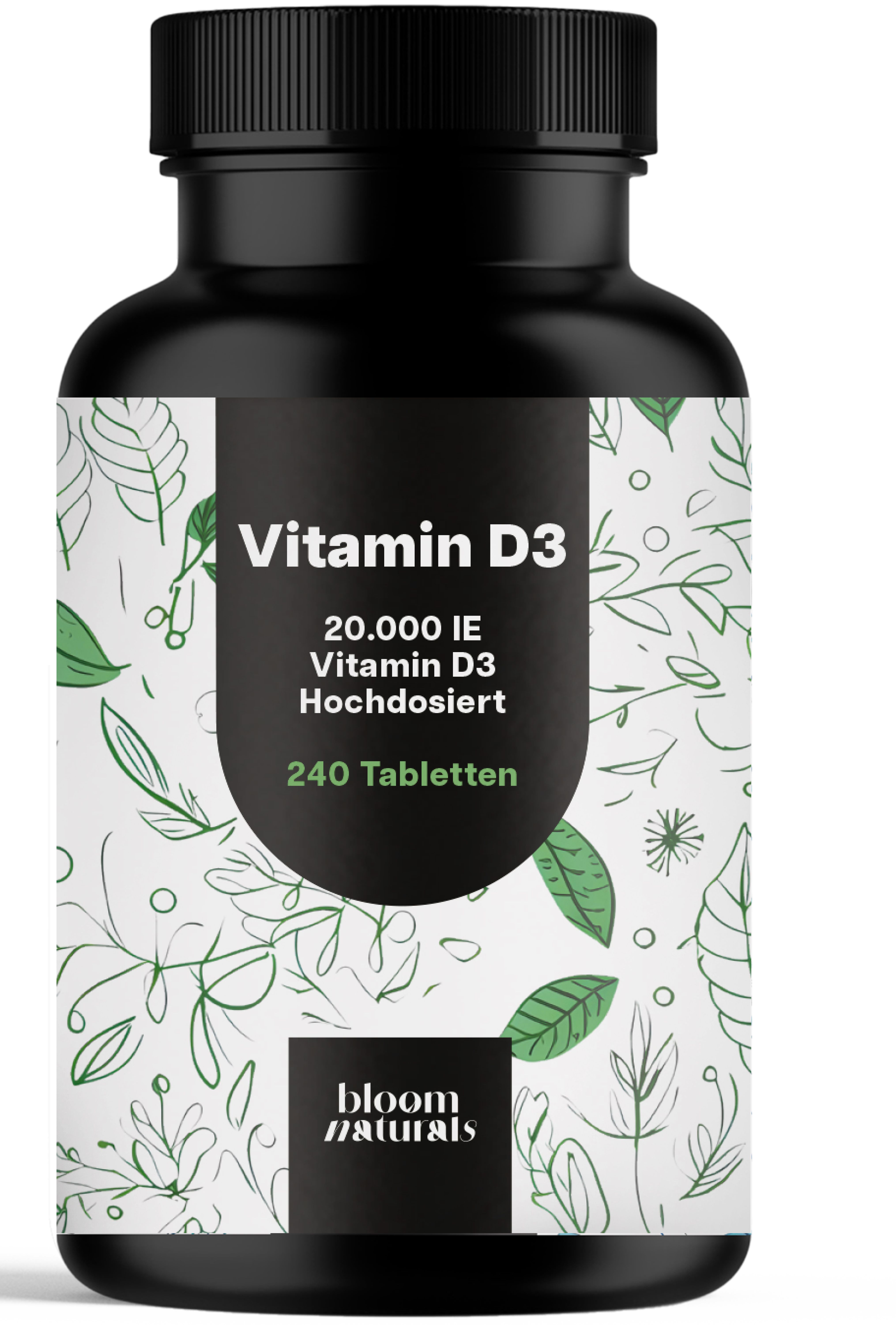 Schwarze Flasche mit Vitamin D3 Tabletten. Aufschrift: 20.000 IE, 240 Tabletten, Hochdosiert. Marke: Bloom Naturals.