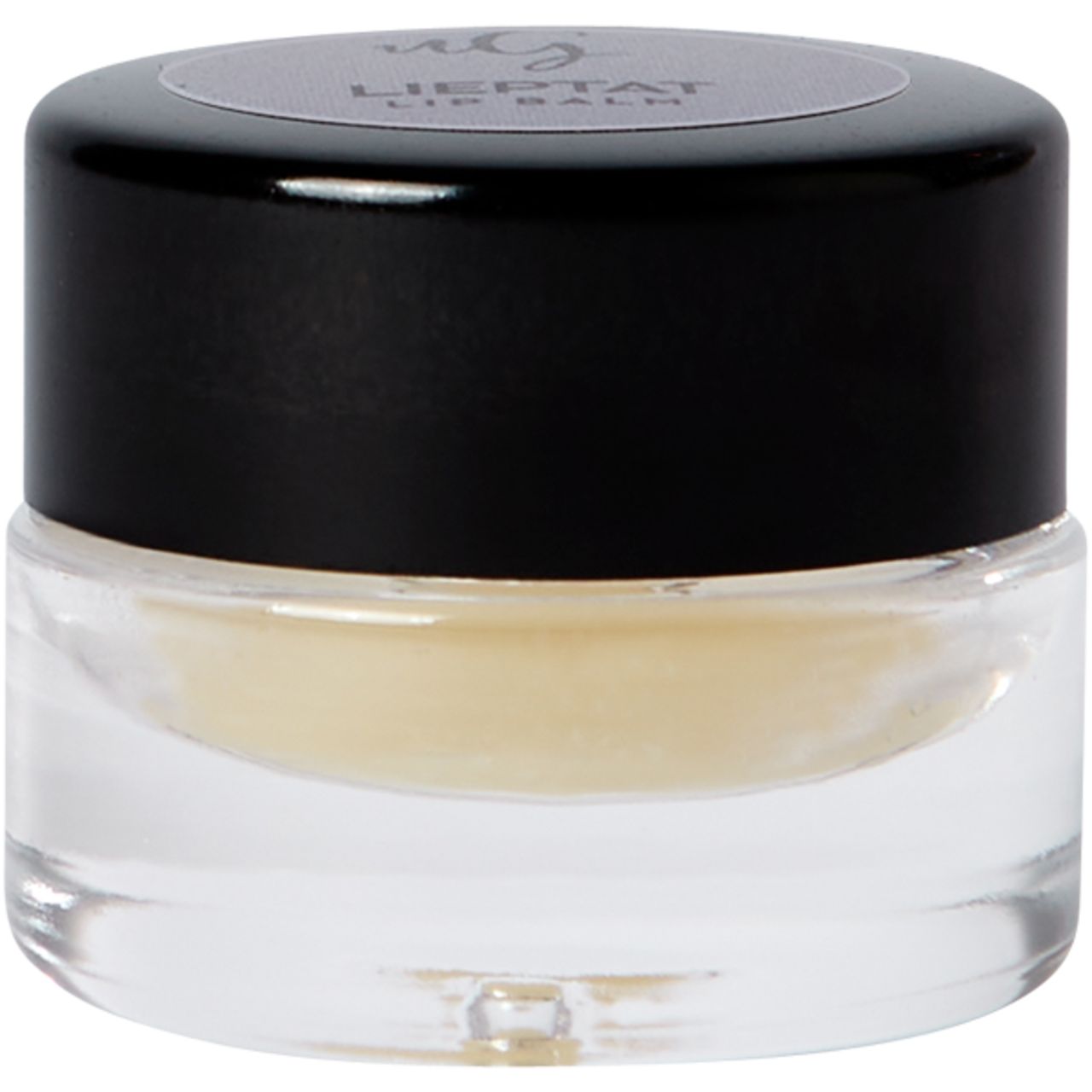Lippenbalsam in einem transparenten Glasbehälter mit schwarzem Deckel. Auf dem Deckel steht "LIEPTAT LIP BALM".