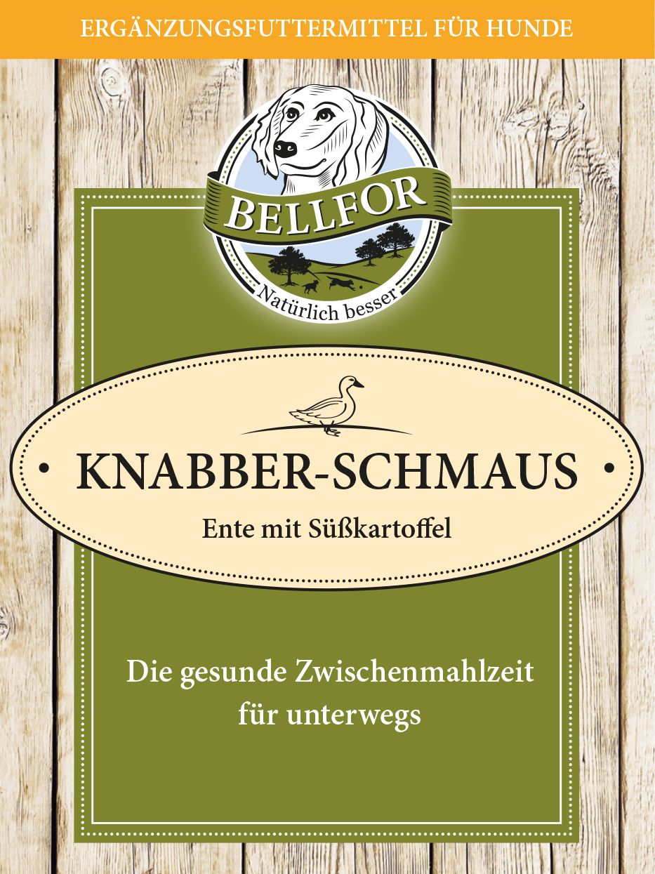 Verpackung von Bellfor Knabber-Schmaus. Logo mit Hund, Text: Ente mit Süßkartoffel.