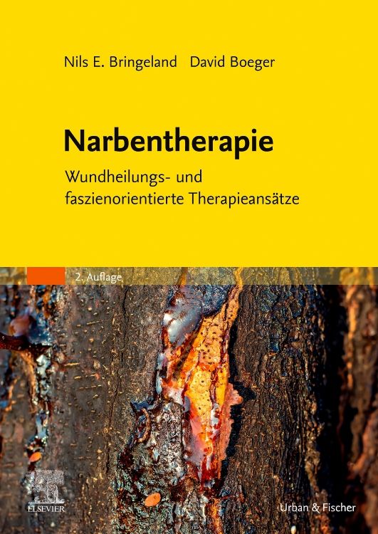 Buchcover: Narbentherapie. Titel, Autoren, Verlag. Gelber Hintergrund, Baumrinde im Vordergrund.
