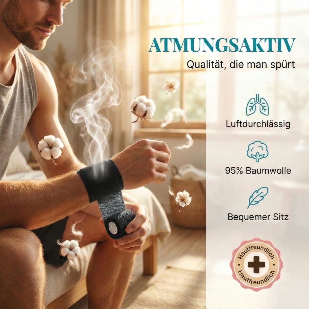 Ein Mann mit Bandage am Handgelenk. Text: ATMUNGSAKTIV, Qualität, die man spürt. 95% Baumwolle, Bequemer Sitz.