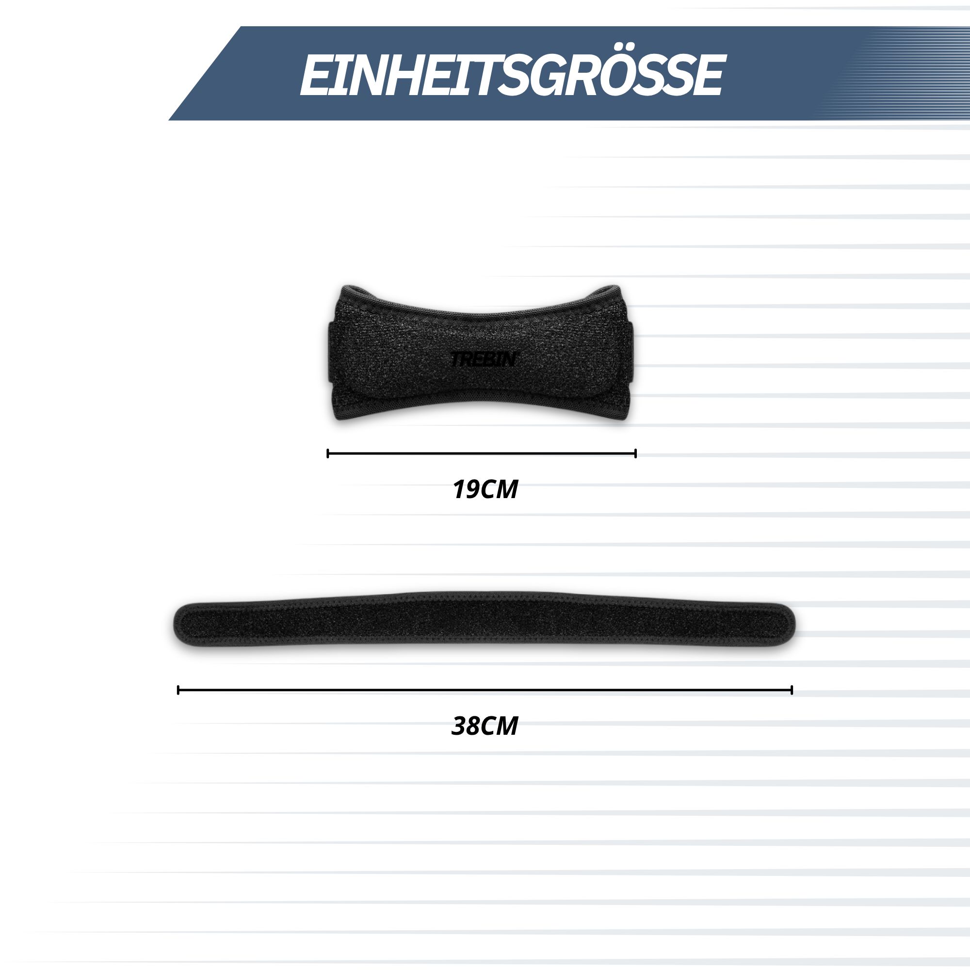 Schwarze Kniebandage mit fester Verschlusstechnik und starkem Klettband.