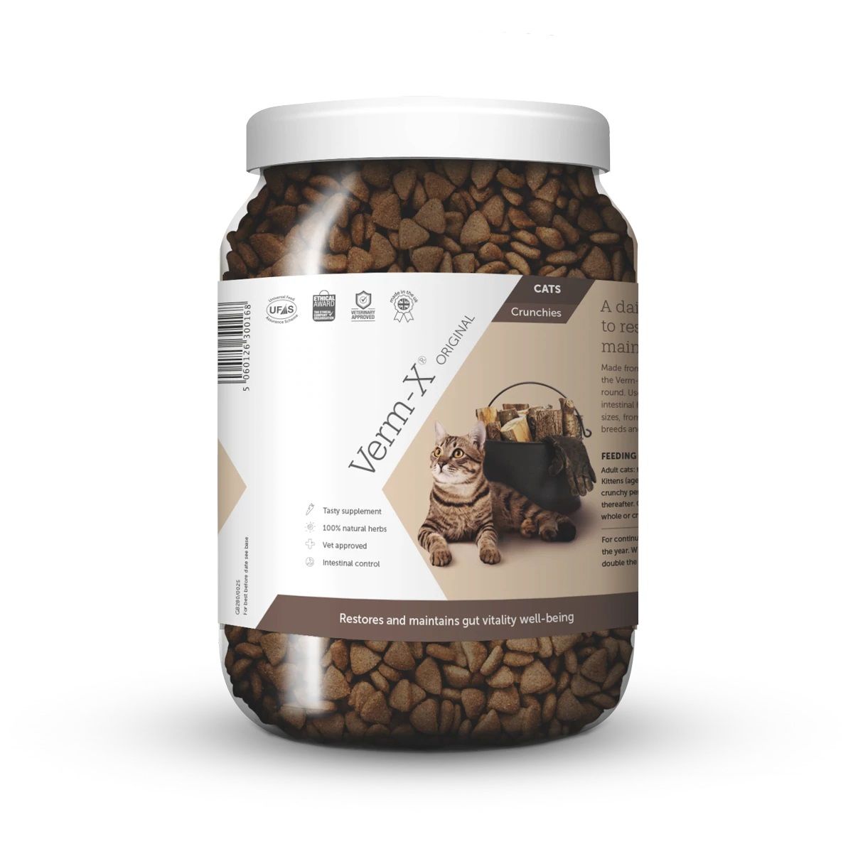 Glas mit braunen Katzen-Leckerchen. Aufschrift Verm-X Original. Abbildung einer Katze und Produktinformationen.