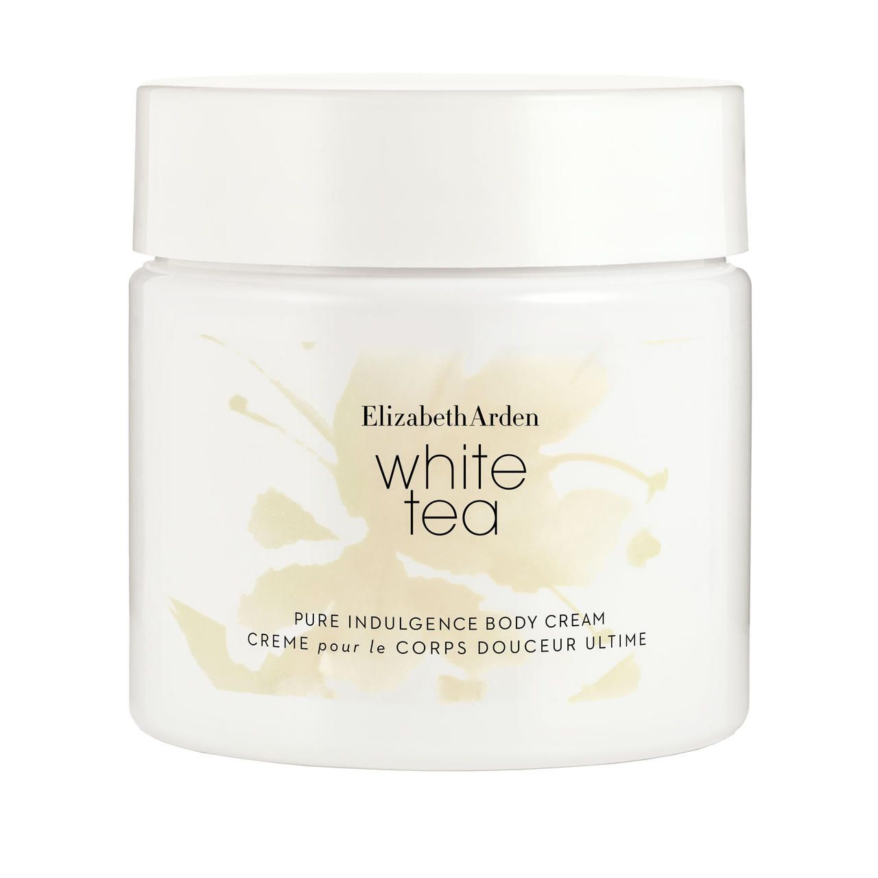 Weißer Tiegel mit Deckel. Aufschrift: Elizabeth Arden White Tea Pure Indulgence Body Cream. Creme pour le corps douceur ultime.