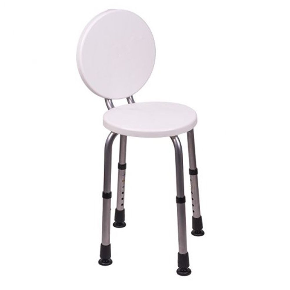 Duschhocker mit weißer Sitzfläche und Rückenlehne. Silberfarbene, verstellbare Beine. Schwarze Füße.