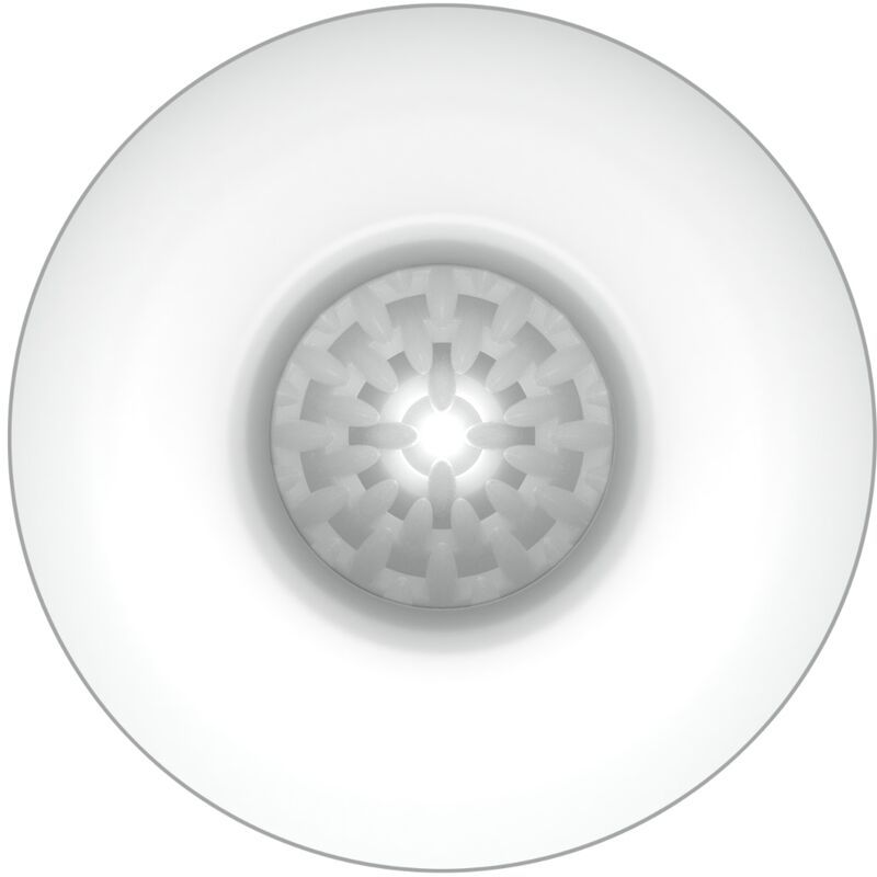 Masturbator-Eingang, weiß, mit grauem Innenleben. Runde Form, mit sternförmigem Muster im Inneren.