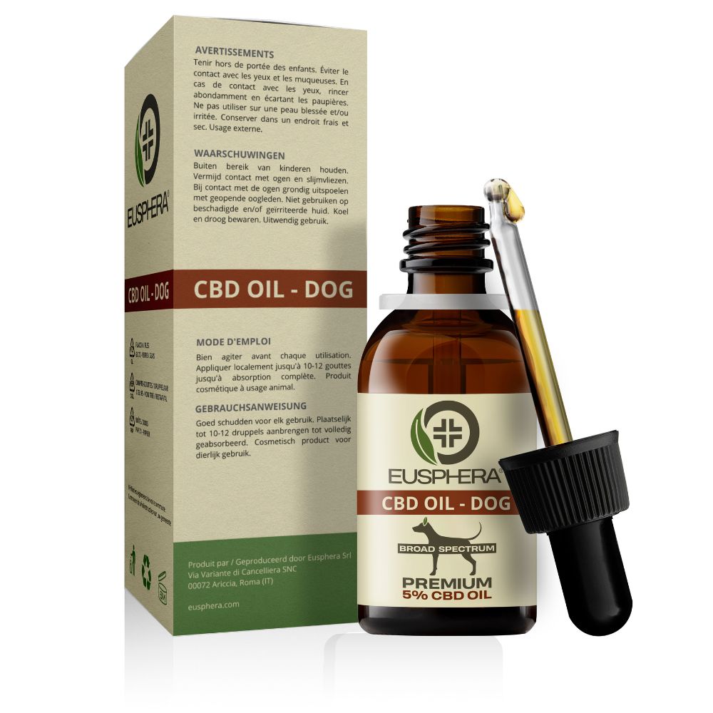 Bruine glazen fles met druppelaar en verpakking. Opschrift: EU4DOG, 5% CBD Oil, Eusphera.