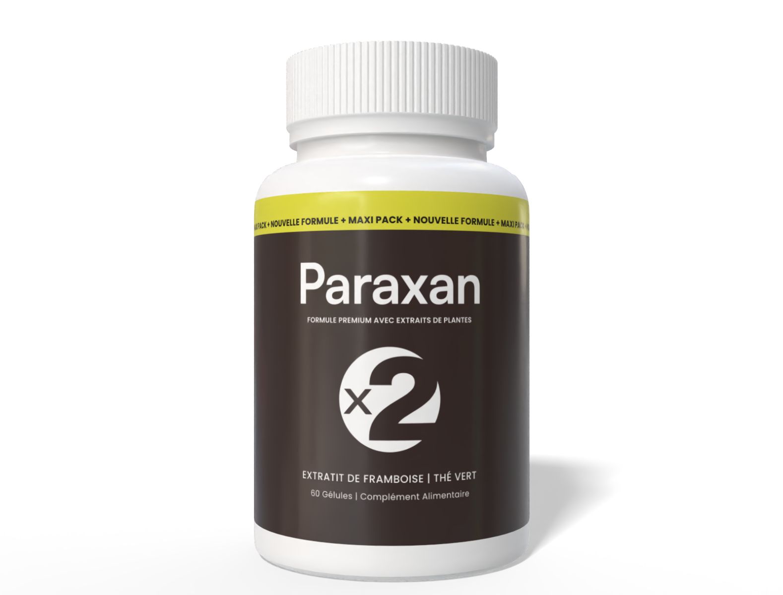 Weiße Flasche mit Kapseln. Aufschrift: Paraxan, X2, Himbeerextrakt | Grüner Tee. Gelber Streifen mit Text.