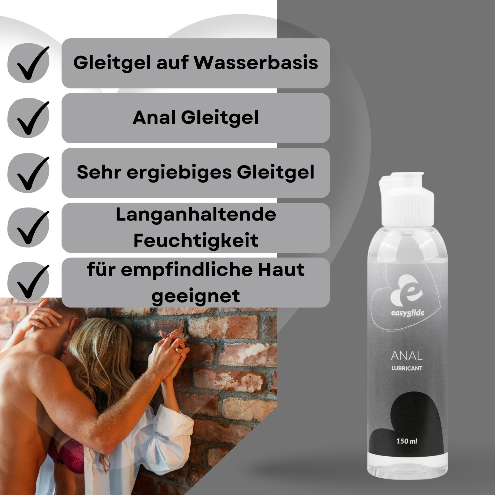 Flasche mit Easyglide Anal Gleitgel. Text: Gleitgel auf Wasserbasis, für empfindliche Haut.