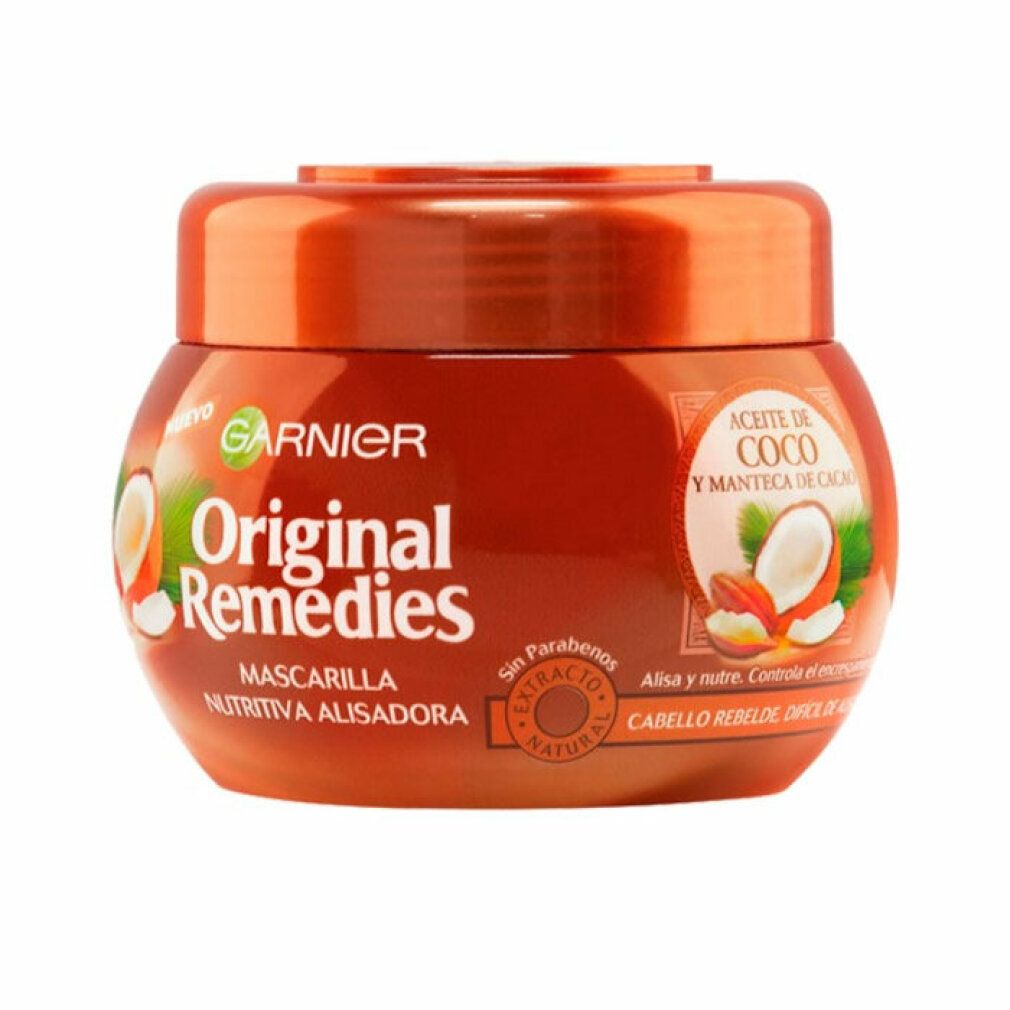 Garnier Original Remedies Maske. Braune Dose mit Deckel. Aufschrift: Kokosöl und Kakaobutter. Ohne Parabene.