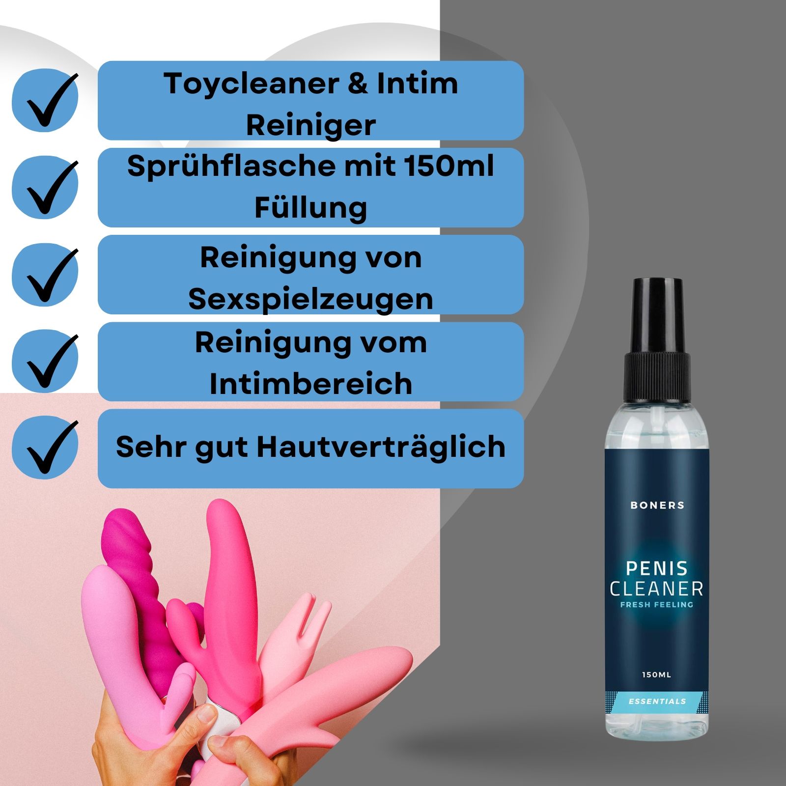 Produktflasche neben Sexspielzeugen und Text. Text: Toycleaner & Intim, Reiniger, Sprühflasche mit 150ml Füllung.