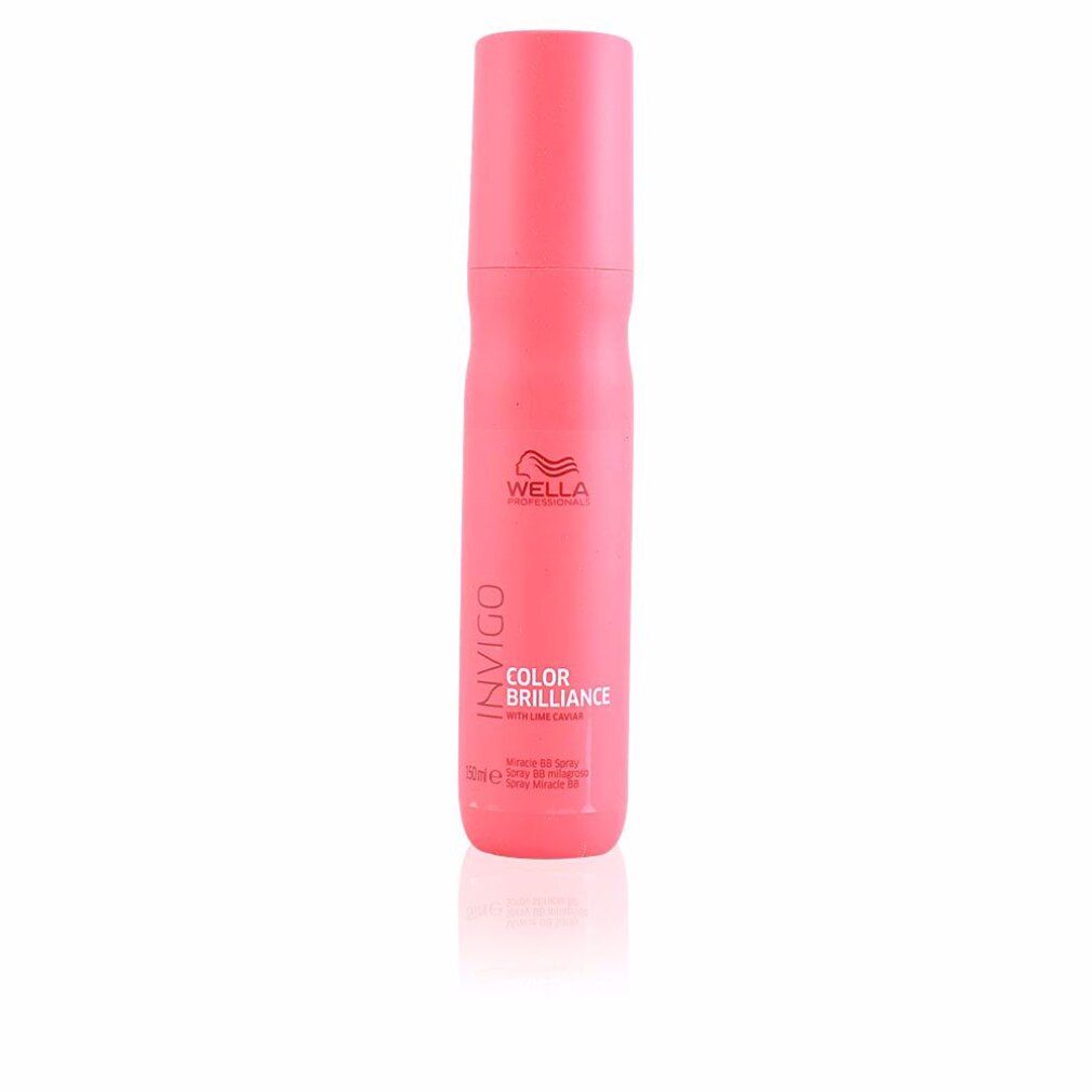 Rosa Sprühflasche. Aufschrift: Wella Invigo Color Brilliance. Logo. Flasche steht aufrecht.