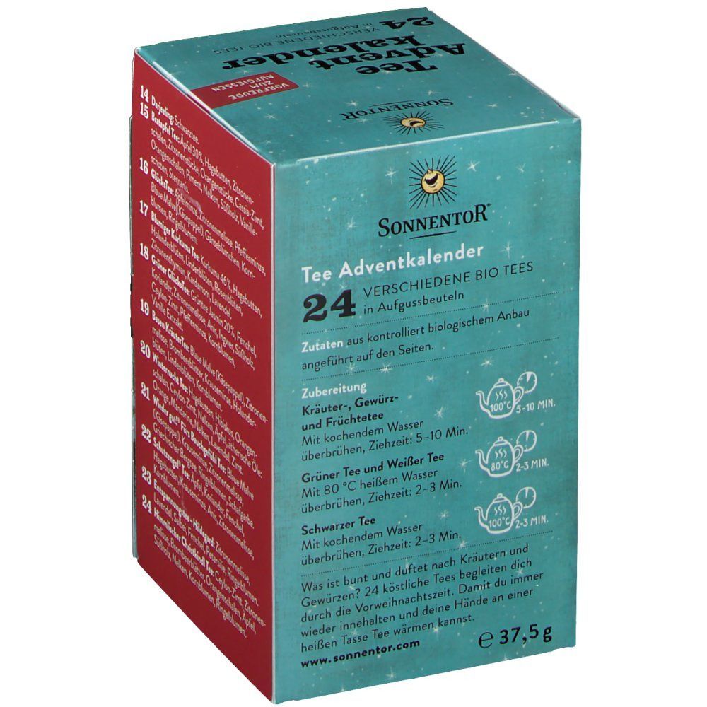 Adventskalender mit 24 Bio-Teesorten. SonnentoR Logo und Produktbezeichnung. Angaben zu Zubereitung und Zutaten auf der Verpackung.