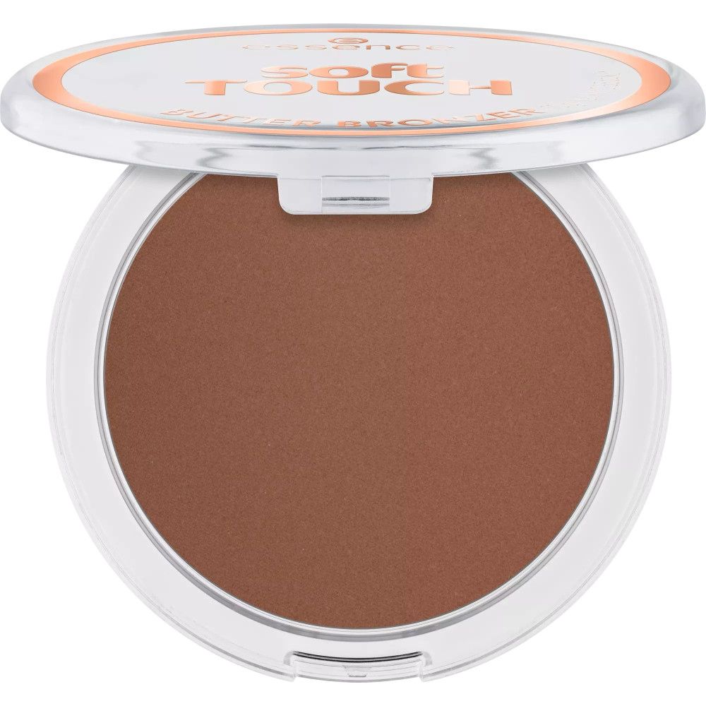 Bronzer-Puder in offener Dose. Marke: Essence. Text: Soft Touch Butter Bronzer. Braune Farbe.