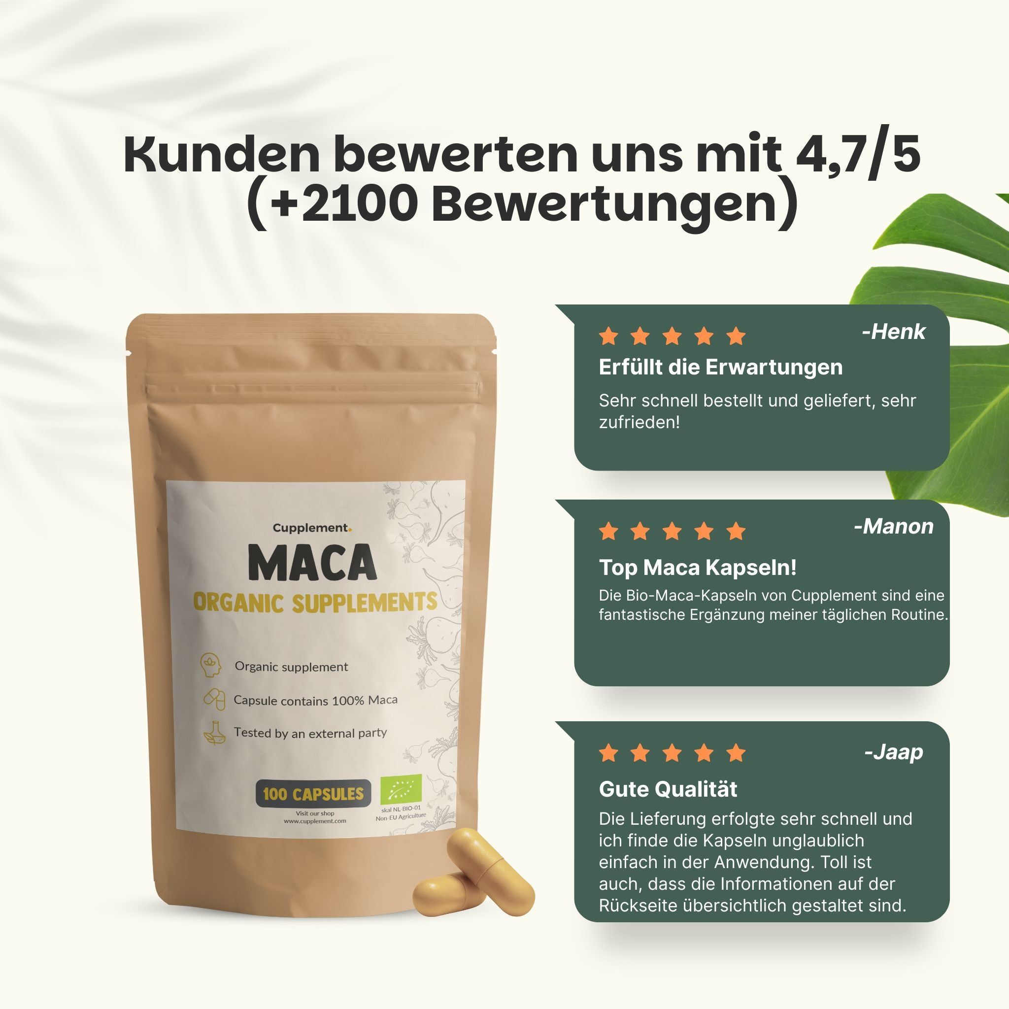 Brauner Beutel mit Kapseln. Aufdruck: Maca, Organic Supplements. 100 Kapseln. 500 mg pro Kapsel. Zertifizierung.