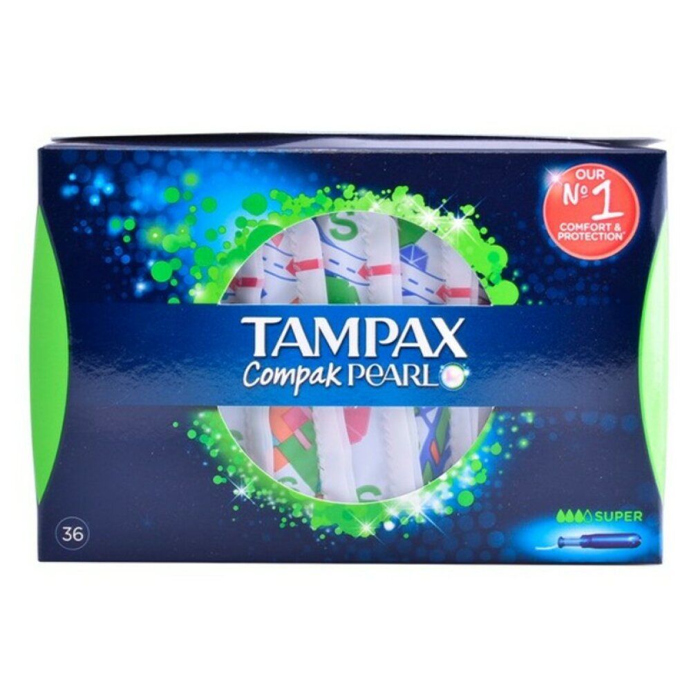 Verpackung von Tampax Compak Pearl Super, 36 Stück. Blaue Verpackung mit Produktnamen und Logo. Enthält Tampons.