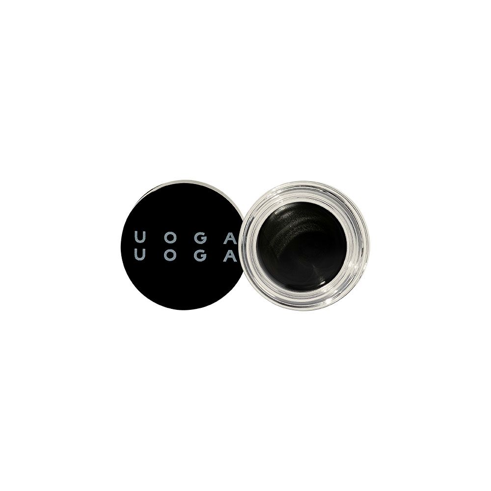 Schwarzer Eyeliner in einem Glasbehälter. Deckel mit UOGA-Logo. Offene Dose mit schwarzem Inhalt.