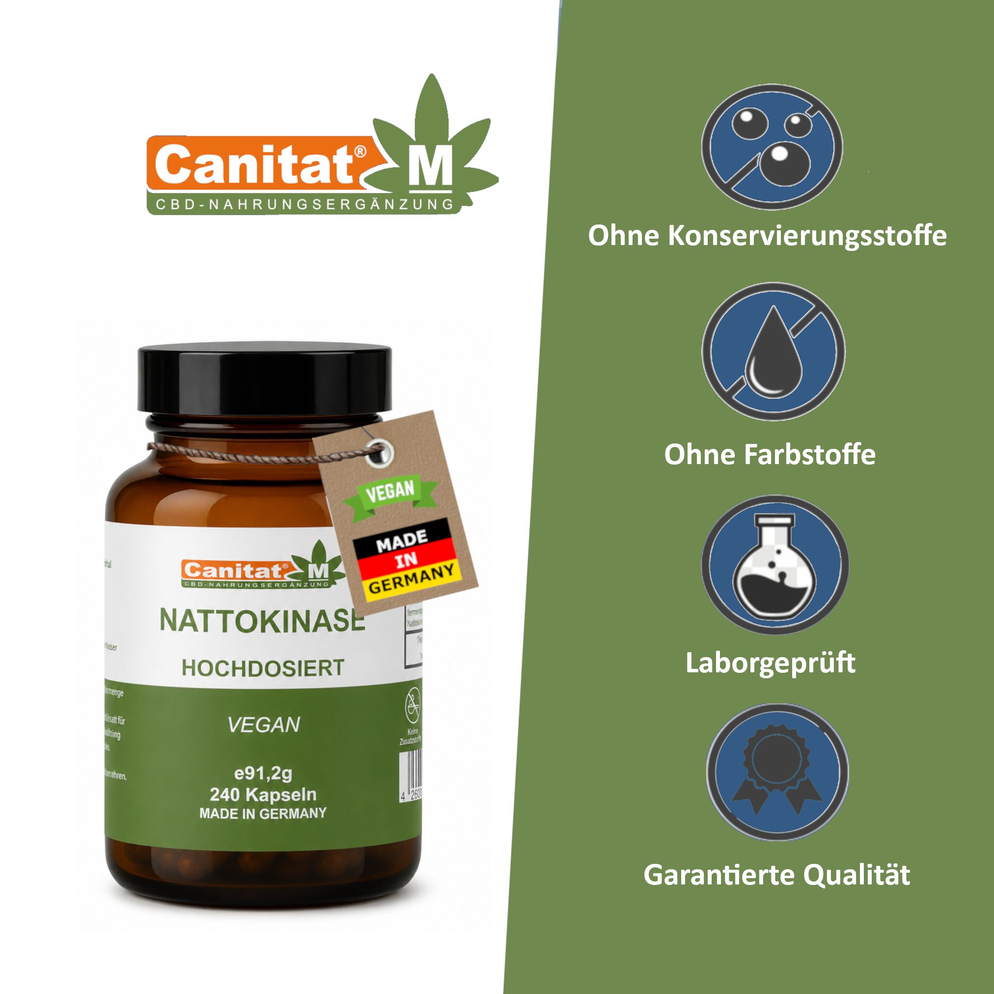 Braune Glasflasche mit schwarzen Deckel. Etikett mit Produktnamen Nattokinase, vegan, 240 Kapseln. Marke Canitat M. Mit Anhänger und Icons.