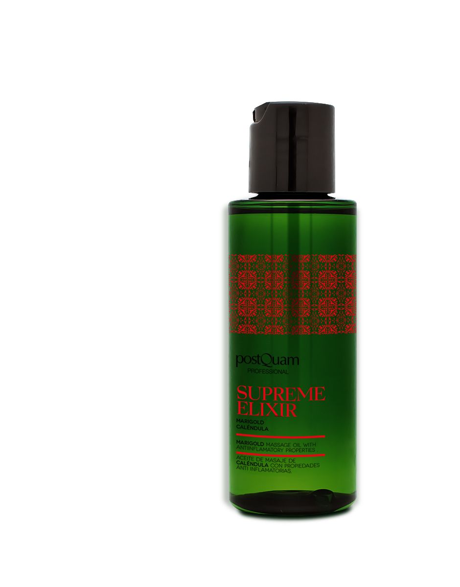 Grüne Flasche mit schwarzem Deckel und roter Beschriftung. Produktname: Supreme Elixir.