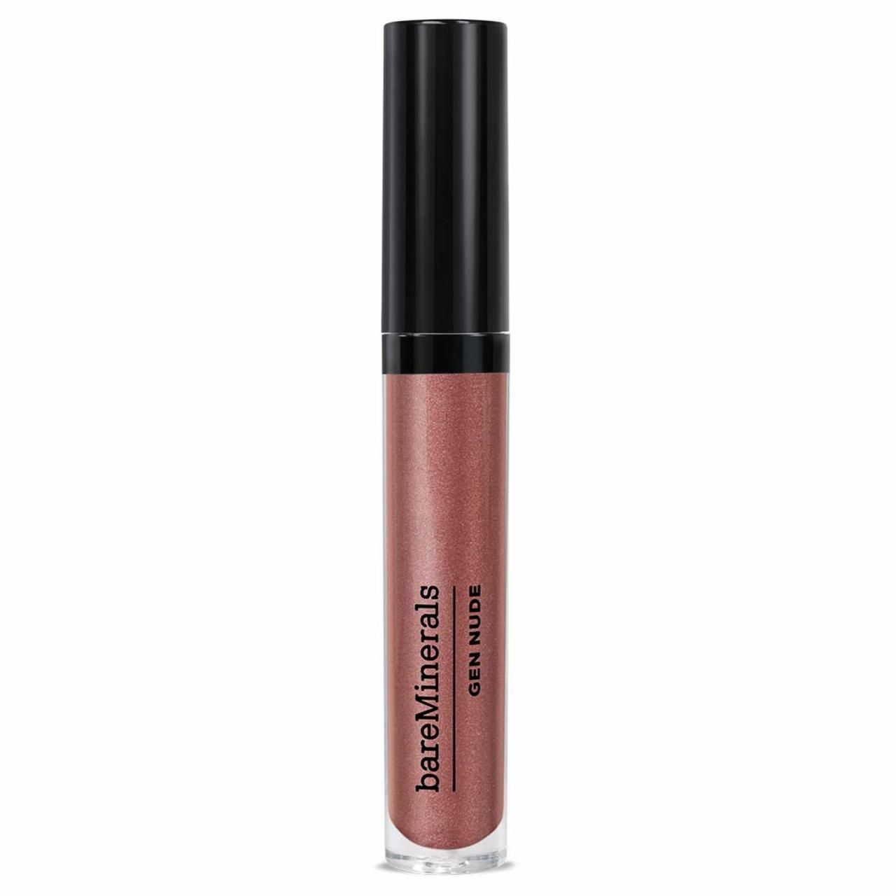 bareMinerals Gen Nude Lip Lacquer. Rosa-goldener Farbton in einer transparenten Tube mit schwarzem Deckel. Markenname und Produktname sind sichtbar.