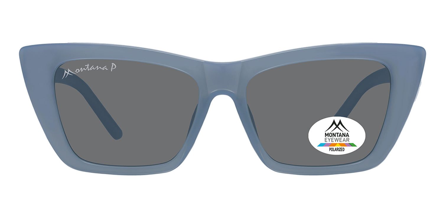 Blaue Sonnenbrille mit grauen Gläsern. Montana Eyewear Logo auf dem Bügel und Glas. Polarisierte Gläser.