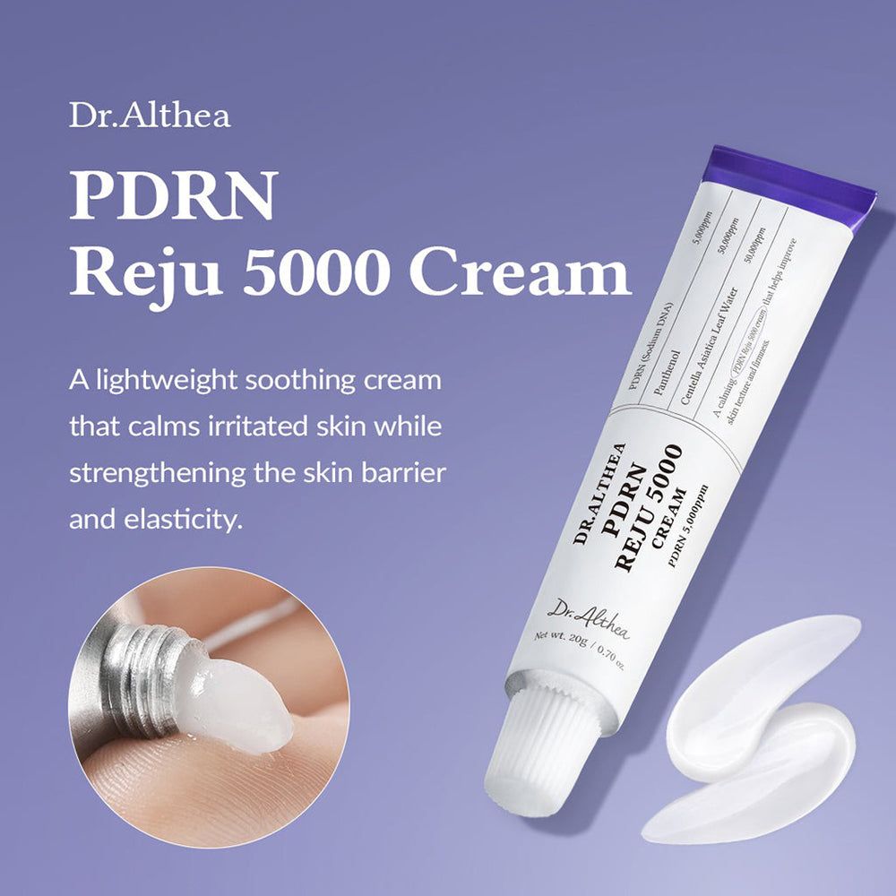 Dr.Althea PDRN Reju 5000 Cream Tube mit aufgetragener Creme auf einem Finger.