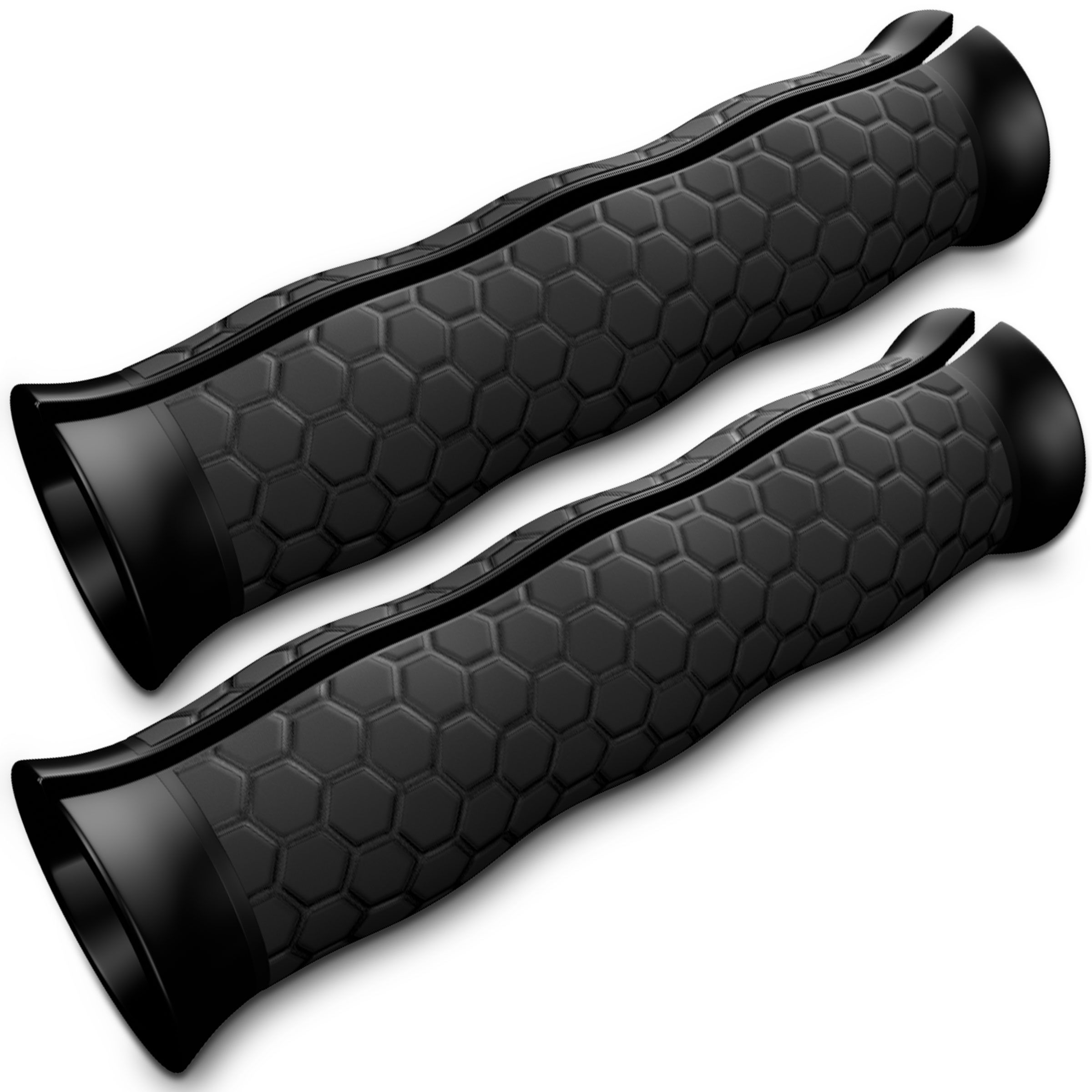 Zwei schwarze Griffe für Fitnessbänder. Sechseckiges Muster. Ergonomische Form.