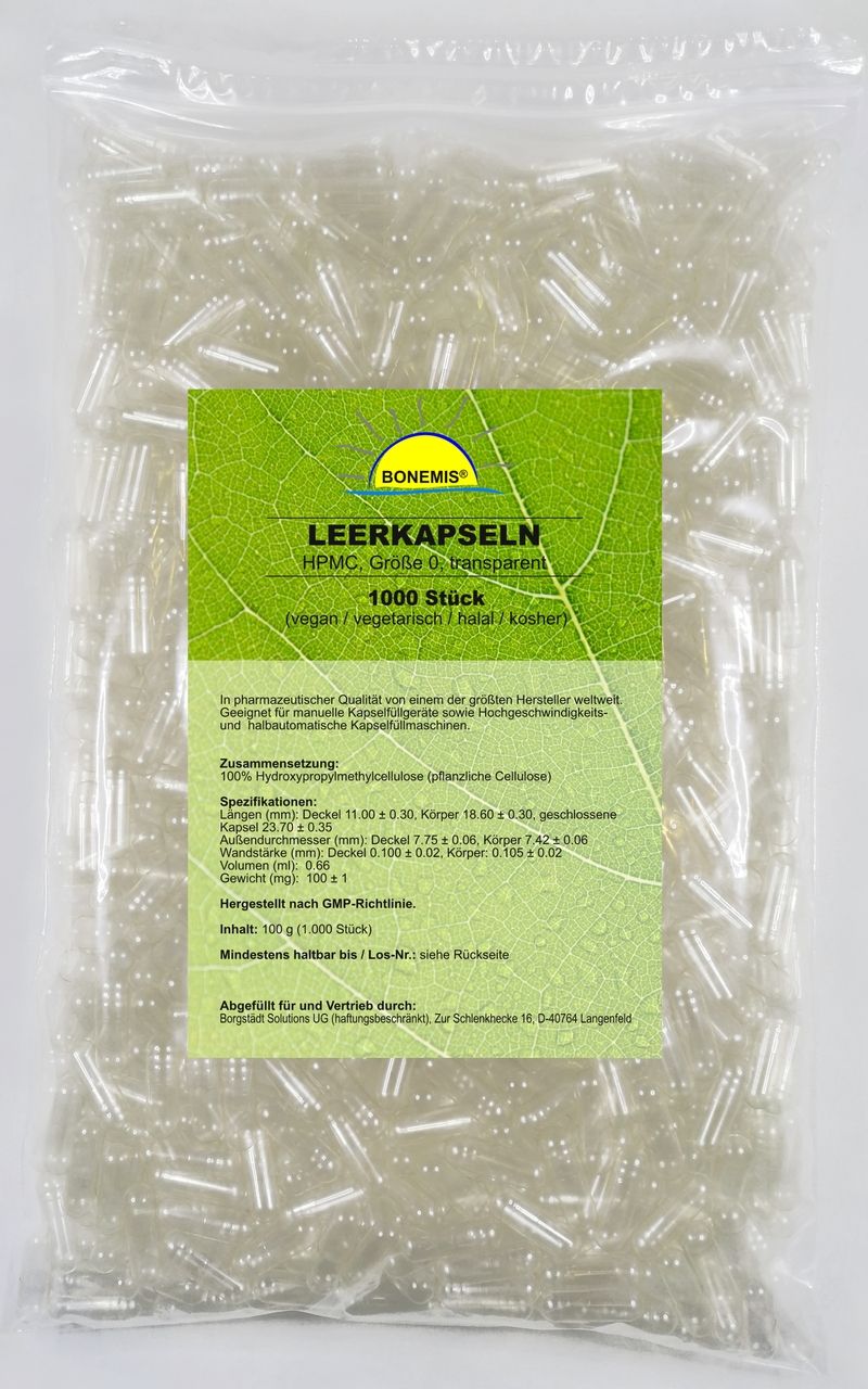 Bonemis® Leerkapseln, Größe 0, transparent, Hpmc (vegan), im Beutel 0,1 kg Kapseln
