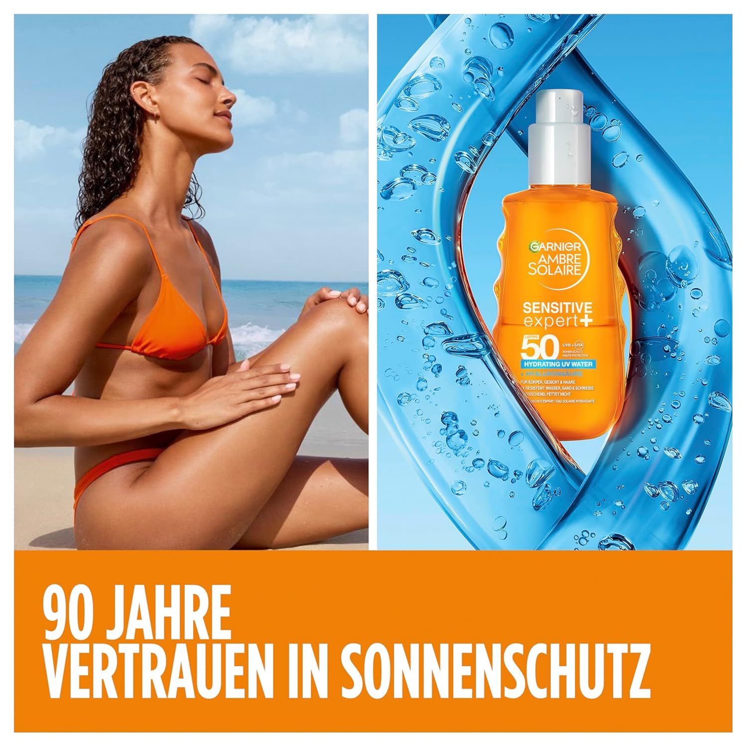 Werbung für Garnier Ambre Solaire. Frau am Strand, daneben Produktflasche. Text: 90 Jahre Vertrauen in Sonnenschutz.