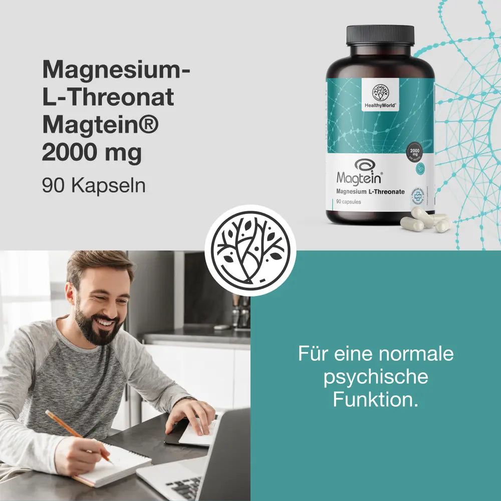 Werbebild mit Mann, Flasche und Text. Flasche: HealthyWorld Magtein Magnesium L-Threonat, 2000 mg, 90 Kapseln. Text: Für eine normale psychische Funktion.