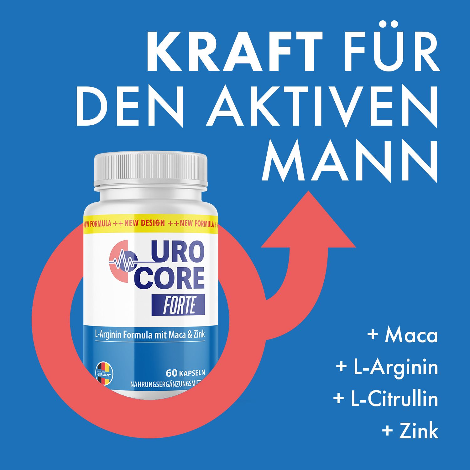 Dose UroCore Forte vor blauem Hintergrund mit rotem Pfeil und Männlichkeits-Symbol. Text: Kraft für den aktiven Mann. Inhaltsstoffe: Maca, L-Arginin, L-Citrullin, Zink.
