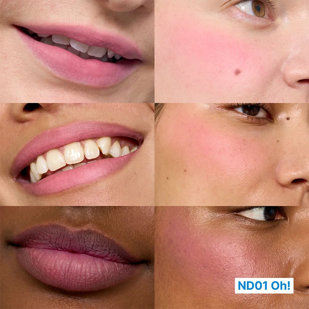 Nahaufnahmen von Gesichtern mit rosa getönten Lippen und Wangen. Text: ND01 Oh!