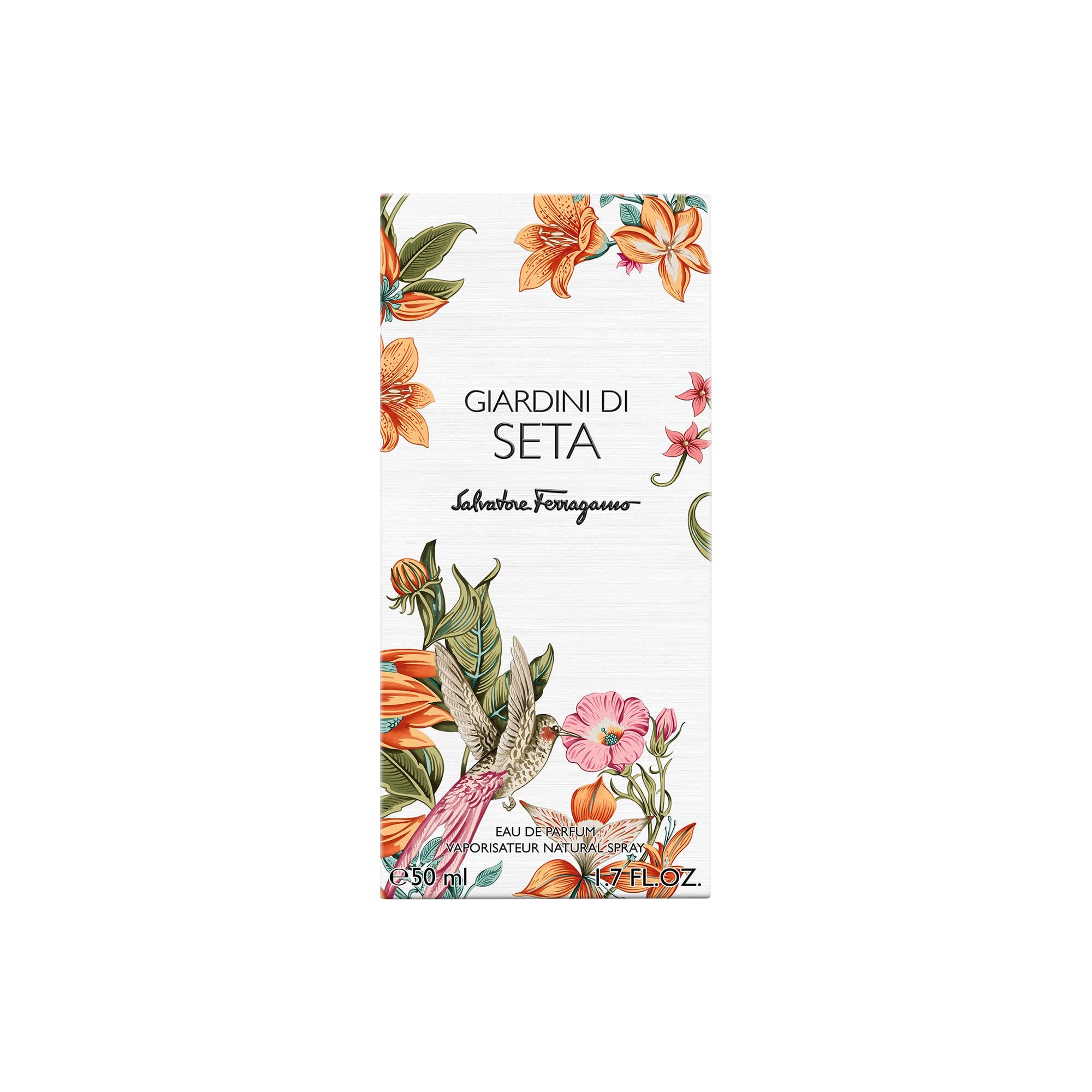 Verpackung von Giardini di Seta, Salvatore Ferragamo. Floral bedruckt, mit Produktnamen und Marke.
