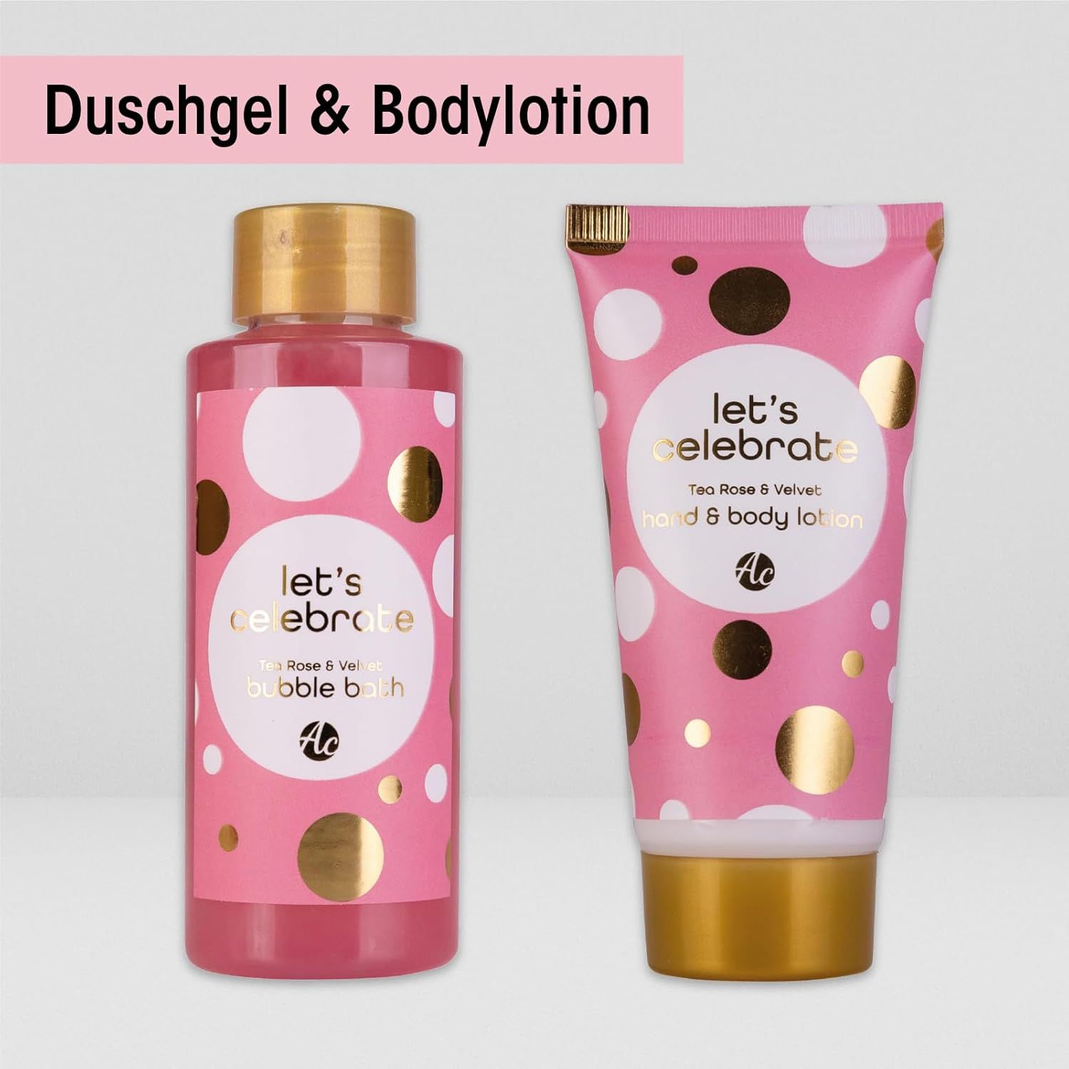 Duschgel und Bodylotion. Rosa Flaschen und Tube mit weißen und goldenen Punkten. Text: Let's Celebrate, Rose & Velvet.