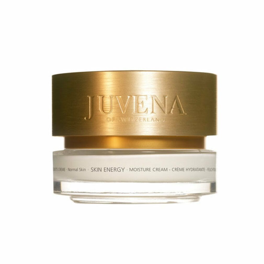 Creme-Tiegel mit goldfarbenem Deckel. Aufschrift: JUVENA OF SWITZERLAND. Text: SKIN ENERGY MOISTURE CREAM. Für normale Haut.