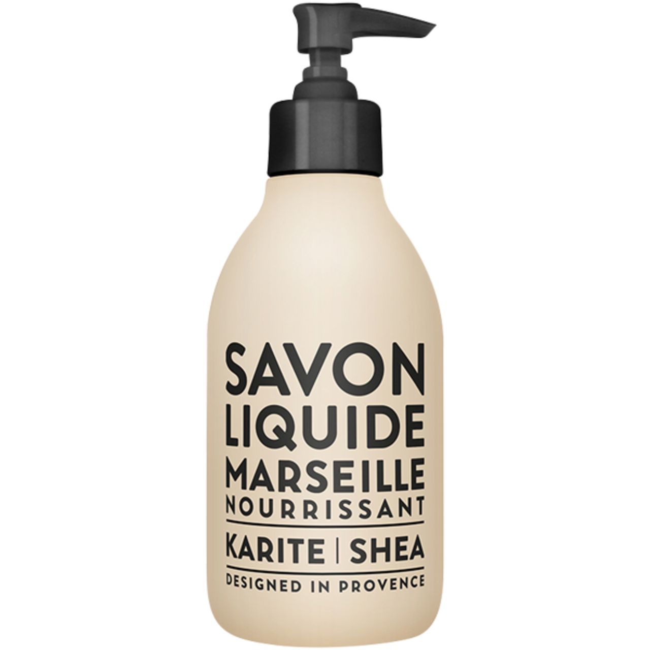 Beige Flüssigseife mit schwarzem Pumpkopf. Aufschrift: Savon Liquide Marseille Nourrissant Karité | Shea.