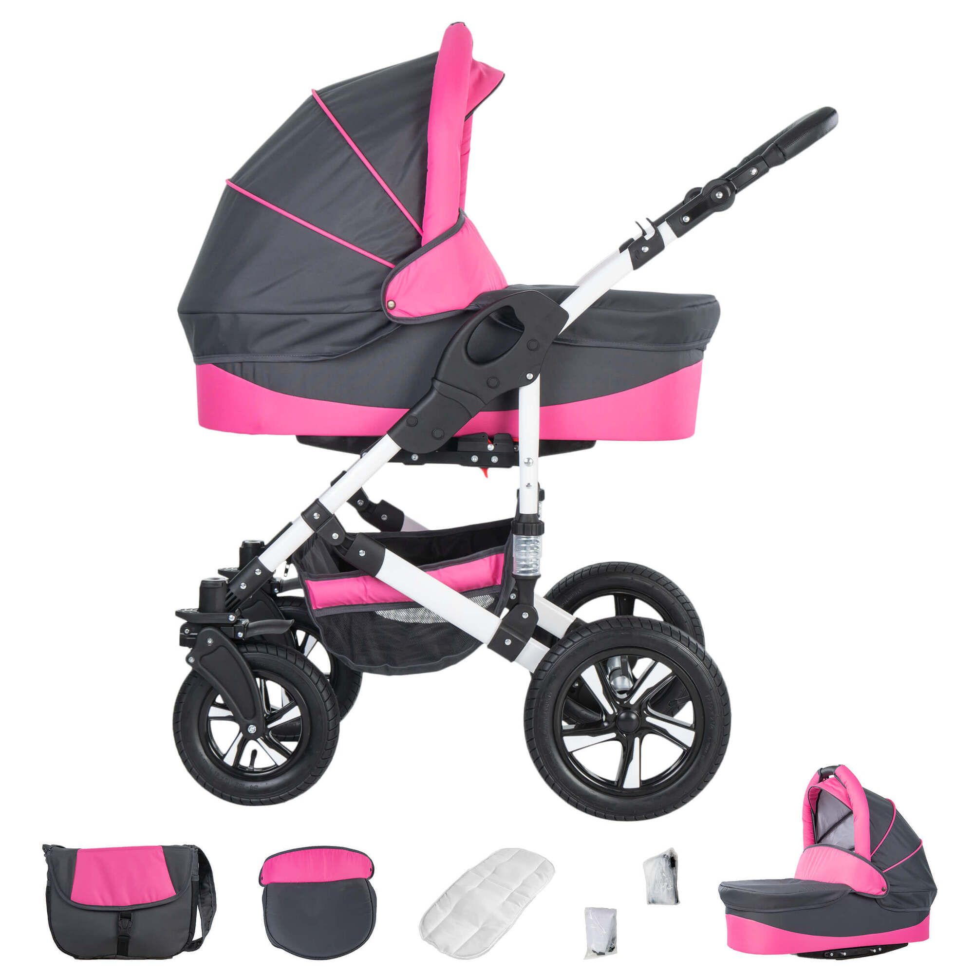 Friedrich Hugo Hamburg 3 in 1 Kinderwagen Set Luftreifen, Grey & Pink