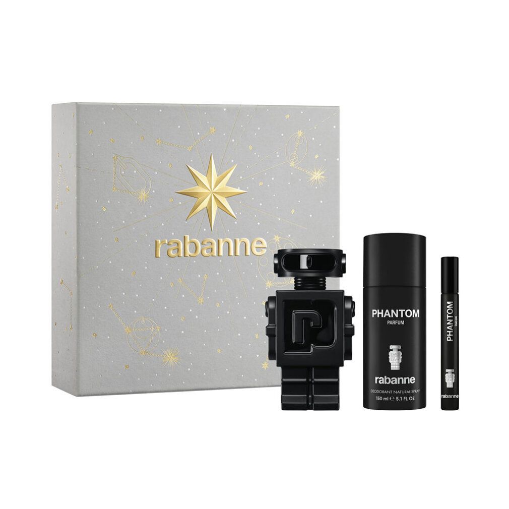 Geschenkset mit grauer Schachtel, Stern-Dekor, goldener Schriftzug. Schwarzer Roboter-Flakon, schwarzer Spray, schwarzer Roll-on.