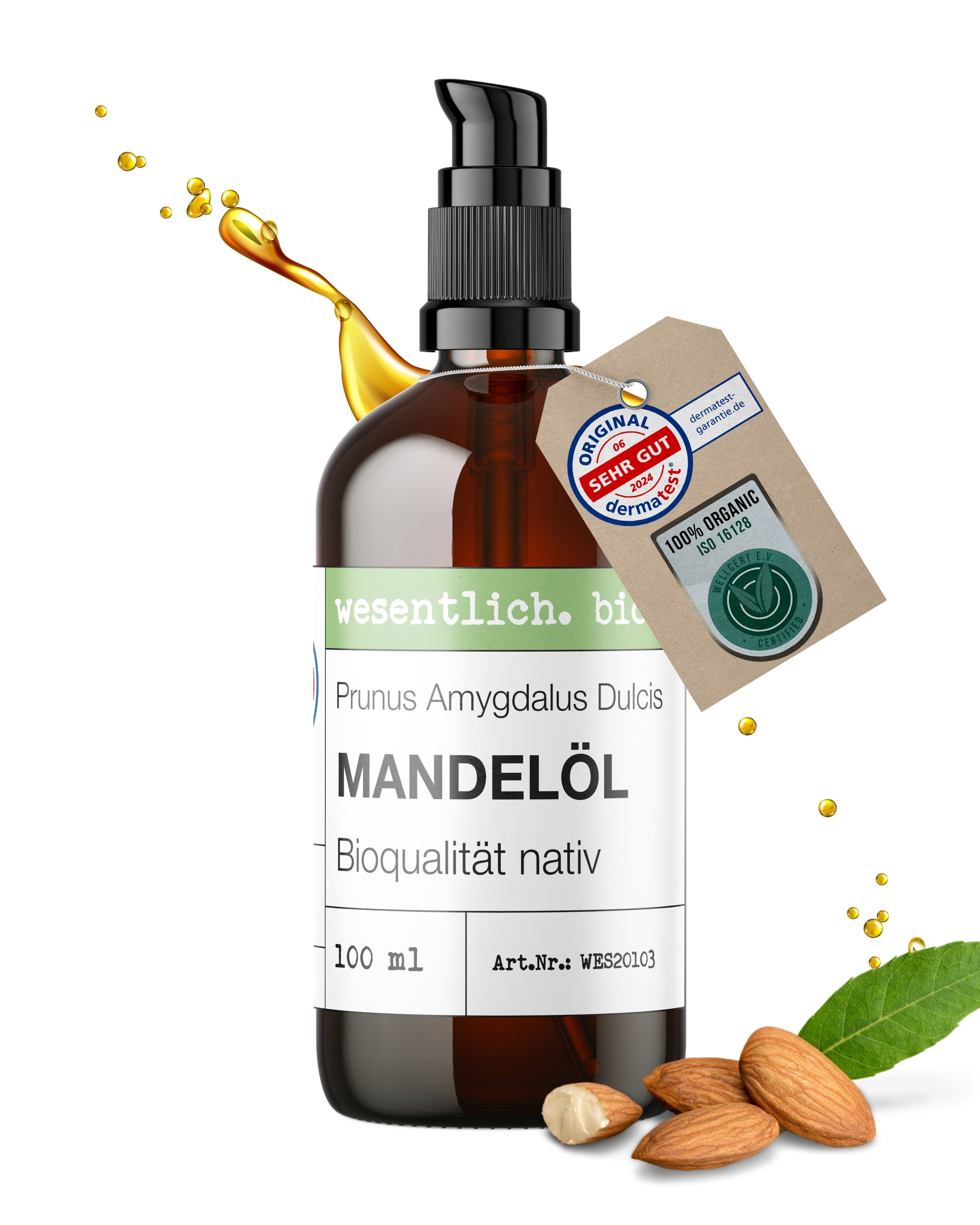 Braunglasflasche mit Mandelöl, Label mit Produktinformationen und Zertifizierungen. Mandeln und Öl-Spritzer.