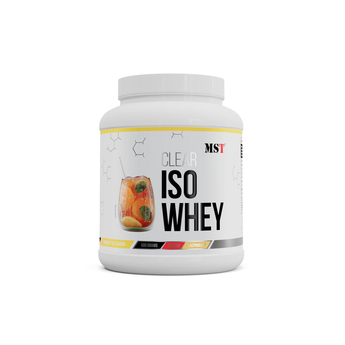 Weiße Dose mit gelben und schwarzen Etiketten. Aufschrift: CLEAR ISO WHEY. Abbildung eines Getränks. Deutsche Flagge.