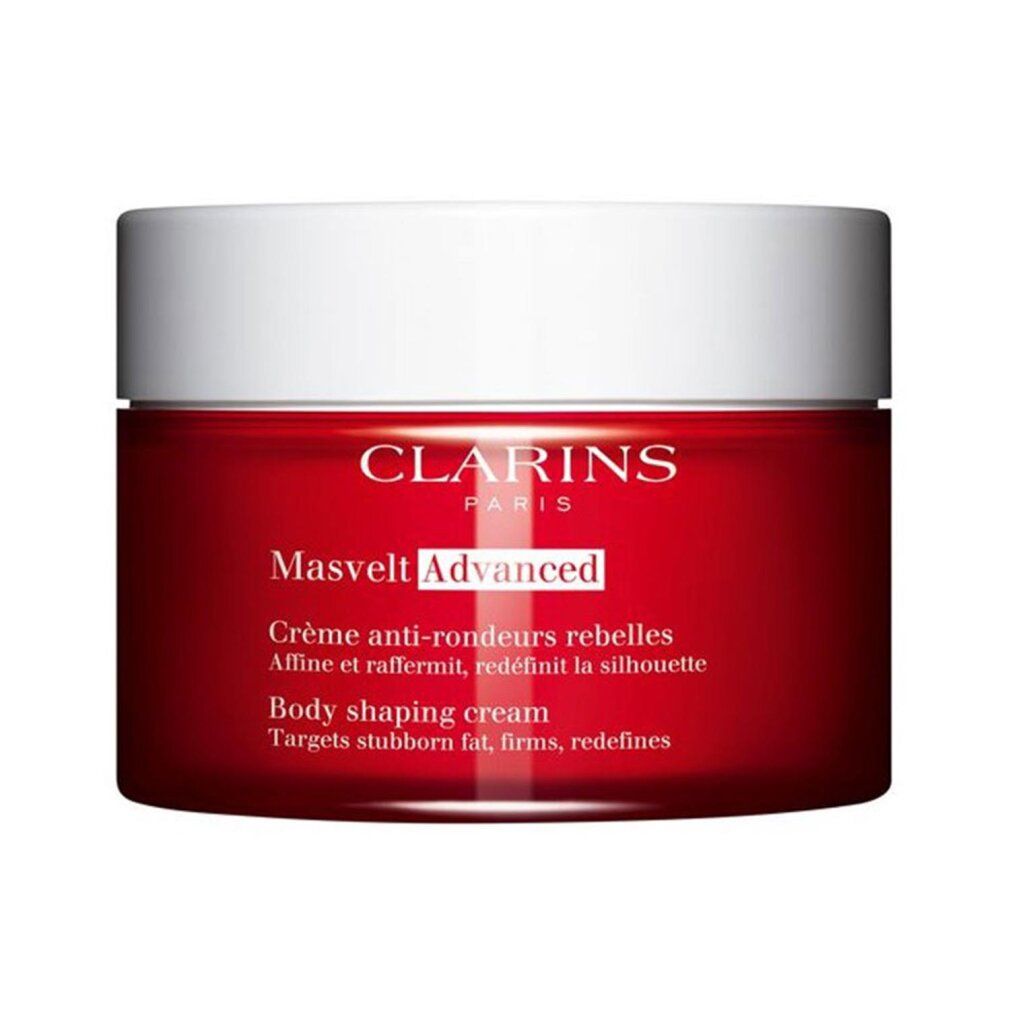Roter Tiegel mit weißem Deckel. Text: Clarins Paris, Masvelt Advanced, Crème anti-rondeurs rebelles, Body shaping cream.