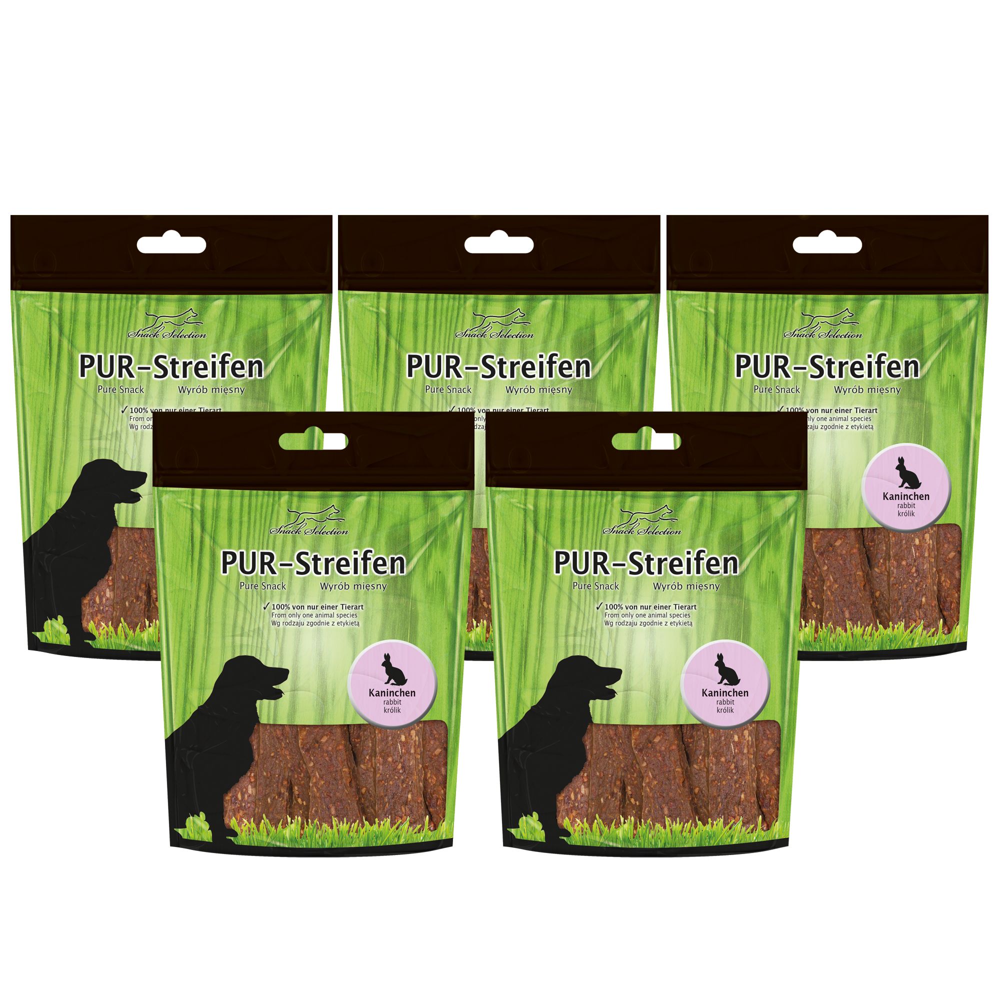 Mehrere Beutel mit PUR-Streifen. Aufdrucke: Hundesilhouette, Kaninchen-Symbol, Produktname. Grün-braune Verpackung.