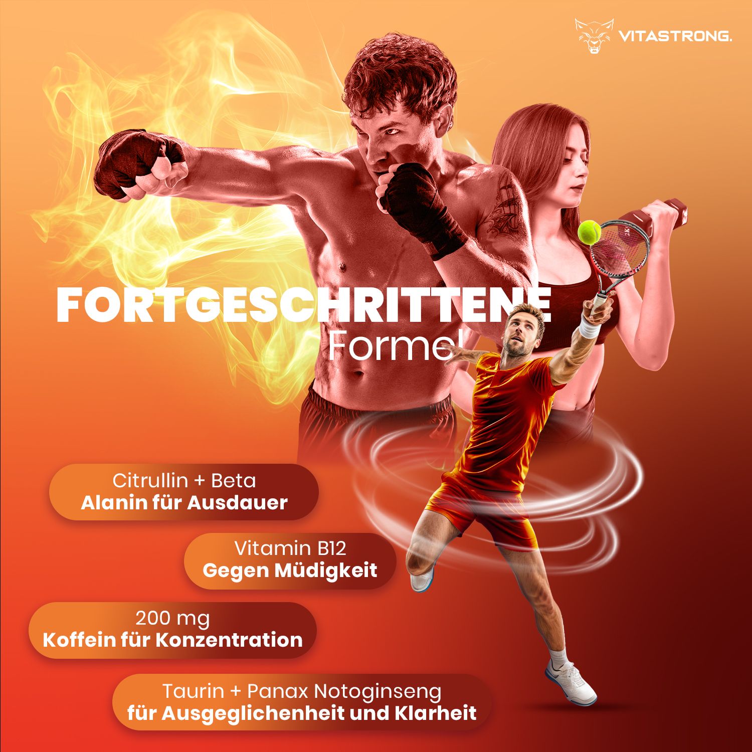 Werbebild mit Sportlern. Text: Fortschrittliche Formel. Inhaltsstoffe: Citrullin, Beta-Alanin, Vitamin B12.